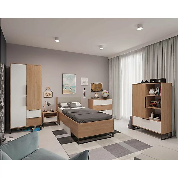 Kinderzimmer komplett Set, 90x200cm Bett, Highboard Eiche, weiß LUZZI-132 günstig online kaufen