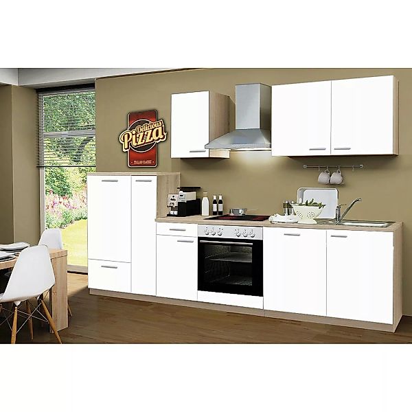 Menke Küchenzeile Classic 300 cm Weiß Melamin-Sonoma Eiche Nachbildung günstig online kaufen