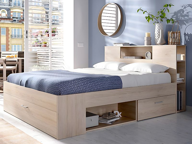 Bett mit Kopfteil, Stauraum & Schubladen + Lattenrost + Matratze - 160 x 20 günstig online kaufen