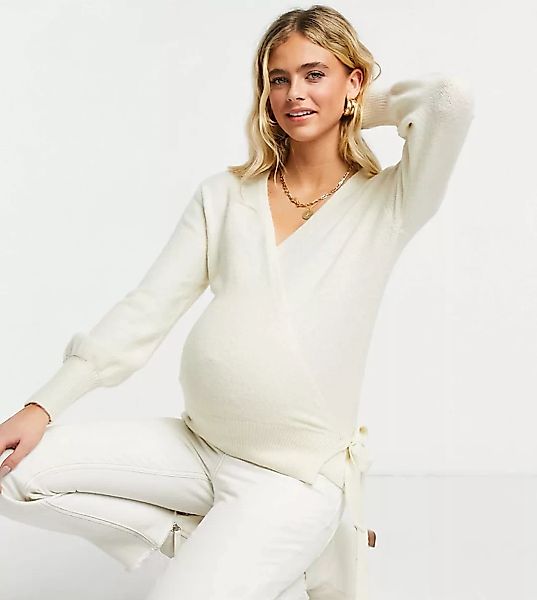 Pieces Maternity – Wickel-Strickjacke in Creme zum Binden an der Seite-Weiß günstig online kaufen