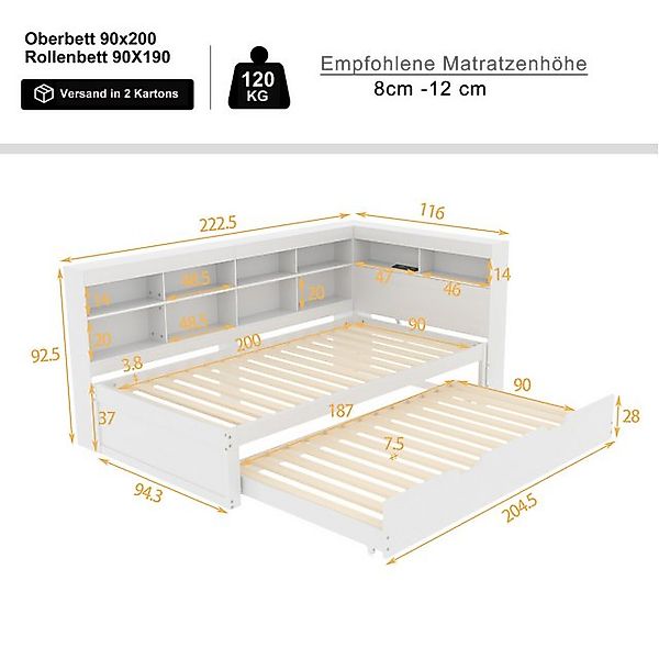 Flieks Massivholzbett, Einzelbett 90x200cm mit Stauraum, USB-Aufladen und U günstig online kaufen