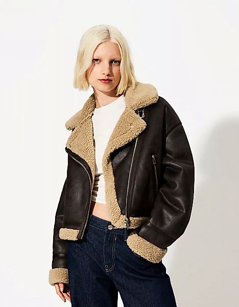 Bershka Doubleface-Bikerjacke Damen S Braun günstig online kaufen