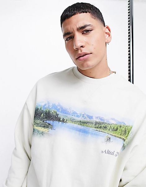 ASOS DESIGN – Oversize-Sweatshirt in Hellgrau mit fotografischem Landschaft günstig online kaufen