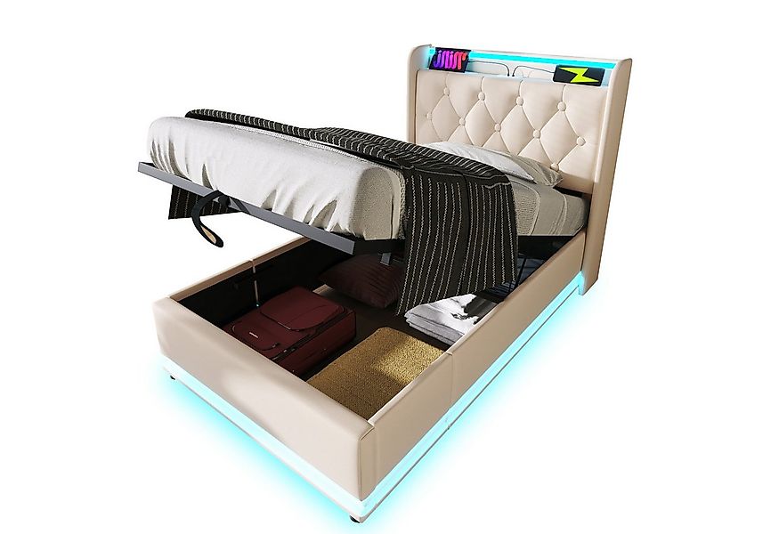 Flieks Polsterbett, LED Hydraulisches Stauraumbett Einzelbett 90x200cm mit günstig online kaufen