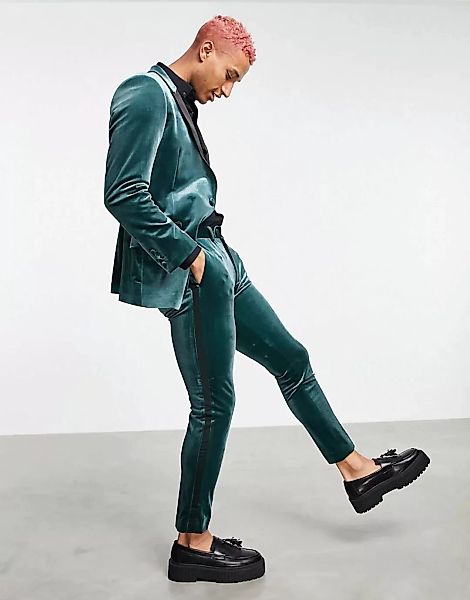 ASOS DESIGN – Superenge Anzughose aus Samt in Grün günstig online kaufen