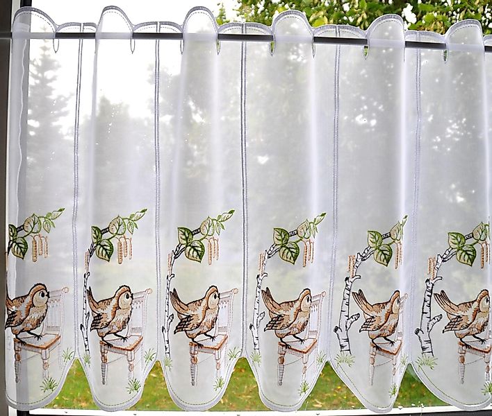 Stickereien Plauen Scheibengardine Vöglein auf Stuhl, günstig online kaufen
