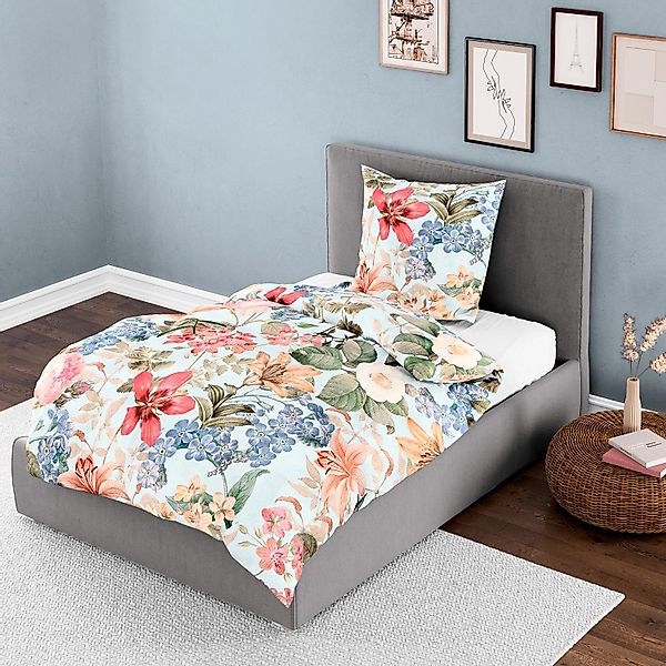 Bettwäsche Bierbaum Mako Satin 5313-20 Blumen Hellblau Beige 135x200 günstig online kaufen