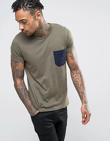 French Connection – T-Shirt mit Kontrasttasche-Grün günstig online kaufen
