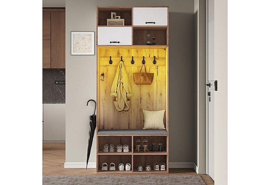 Flieks Garderoben-Set mit LED-Beleuchtung, Kleiderhaken, Schuhschrank und S günstig online kaufen