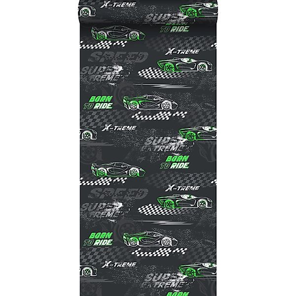Sanders & Sanders Tapete Rennwagen Grün und Schwarz-Weiß 50 x 900 cm günstig online kaufen