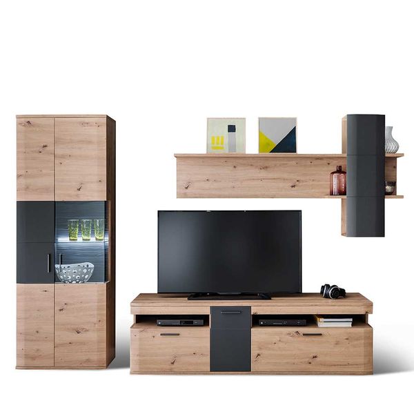 Design Anbauwand in Anthrazit und Eichefarben 290 cm breit (dreiteilig) günstig online kaufen