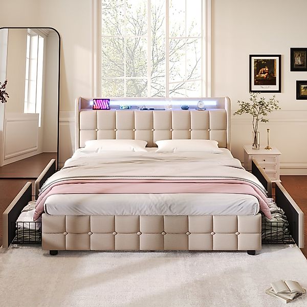 Doppelbett, mit USB-Kopfteil, 4 geräumige Schubladen, einstellbare LED-Bele günstig online kaufen