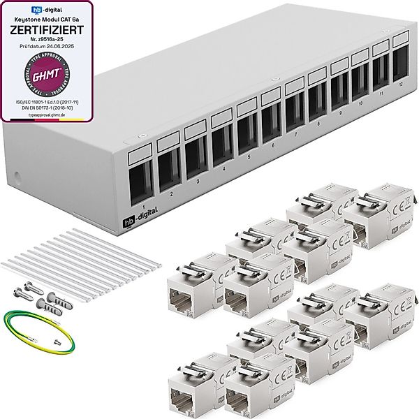 hb-digital Patchpanel 12 Port mit 12x Keystone Module Cat 6a Hellgrau günstig online kaufen