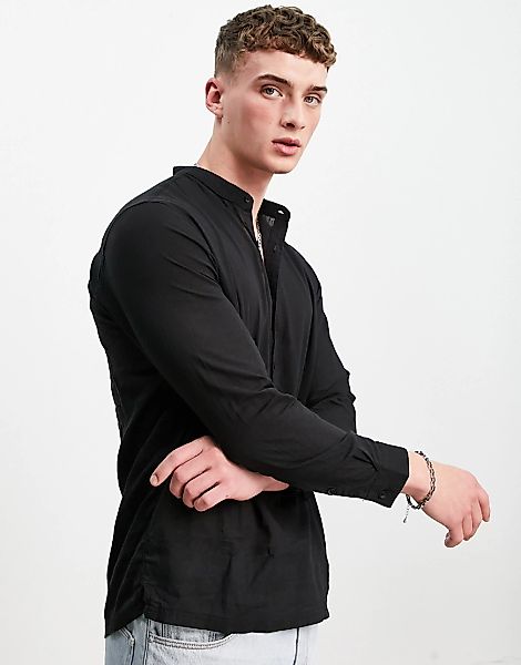 Bershka – Strukturiertes Hemd mit Grandad-Kragen in Schwarz günstig online kaufen