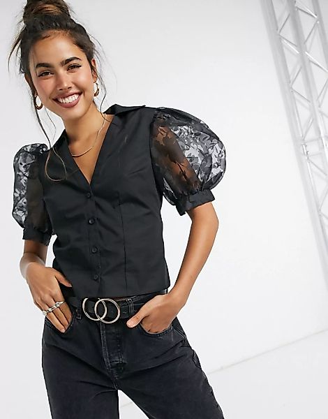 ASOS DESIGN – Schwarzes Baumwollhemd mit geblümten Organza-Ärmeln günstig online kaufen