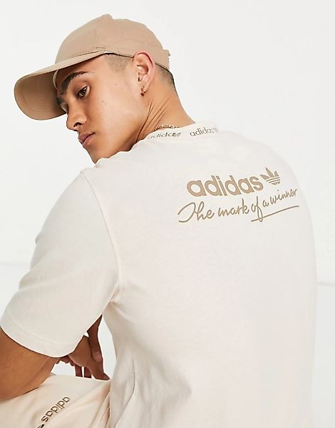adidas Originals – Trefoil Linear – Geripptes T-Shirt in Beige mit Rückenpr günstig online kaufen