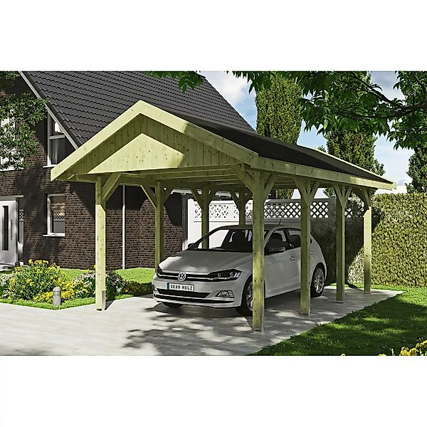 Satteldach-Carport Wallgau Grün 380 x 600 cm schwarze Schindeln günstig online kaufen