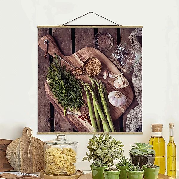 Stoffbild Küche mit Posterleisten - Quadrat Spargel Rustikal günstig online kaufen