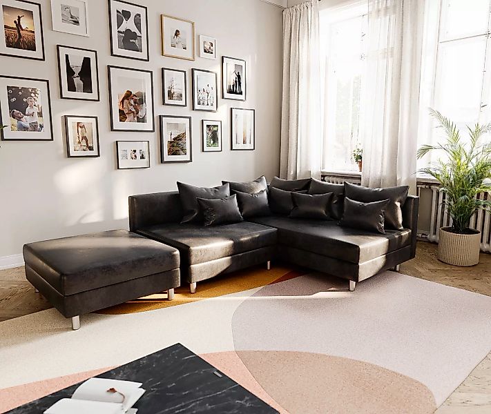 Ecksofa Clovis Anthrazit Antik Optik Modular Hocker Ottomane Rechts günstig online kaufen