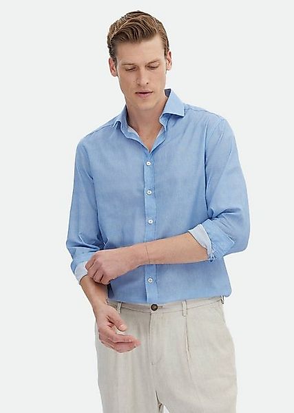 RAMSEY Langarmhemd Blau Gedrucktes Regular Fit Weben Freizeit 100% Baumwoll günstig online kaufen