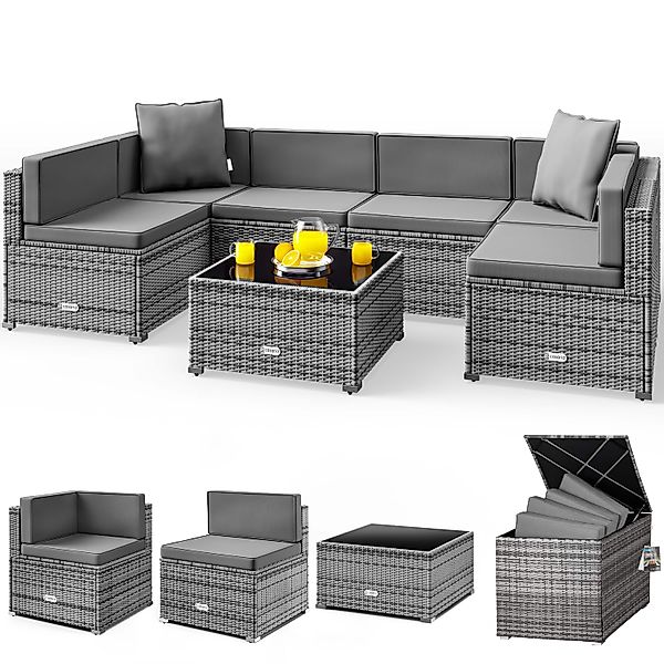 Polyrattan Ecklounge Grau/Anthrazit mit Polyrattan Auflagenbox Grau günstig online kaufen