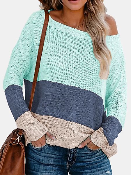 Gestreifte Kontrastfarbe Langarm-Pullover mit O-Ausschnitt für Damen günstig online kaufen