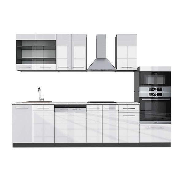 Vicco Fame-Line Küchenzeile Weiß Hochglanz/Anthrazit 300 cm mit Hochschrank günstig online kaufen
