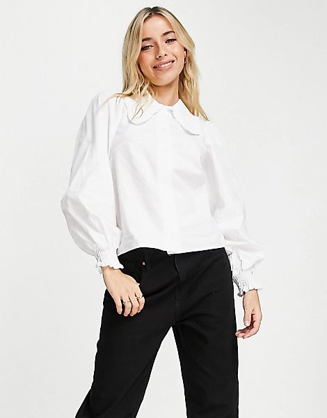 Miss Selfridge – Bluse in Elfenbein mit Kragen und Rüschen-Weiß günstig online kaufen