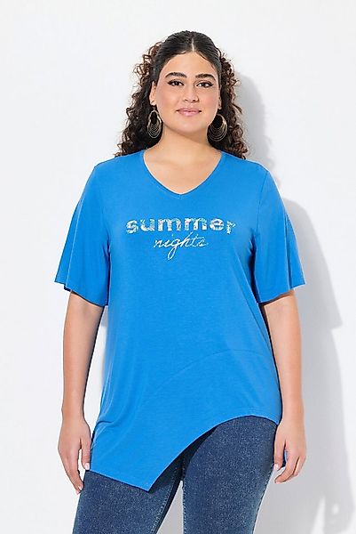 Ulla Popken Longshirt T-Shirt Schriftzug Volant V-Ausschnitt Halbarm günstig online kaufen