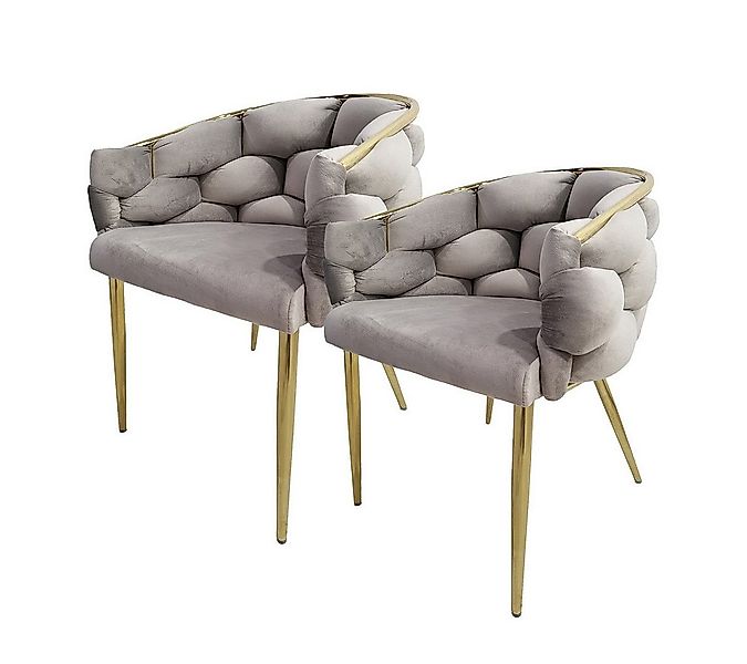 Qiyano Esszimmerstuhl Design-Stuhl 2er Set Taupe/Gold - Geflochten & Gepols günstig online kaufen