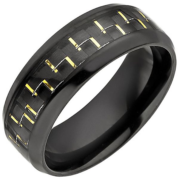 SIGO Herren Ring Edelstahl schwarz beschichtet mit Carbon Einlage goldfarbe günstig online kaufen