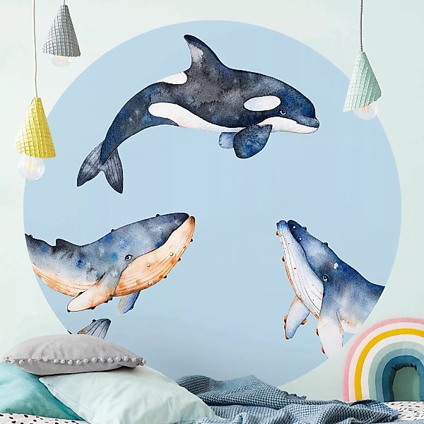 Bilderwelten Runde Tapete selbstklebend Illustrierte Wale als Aquarell blau günstig online kaufen