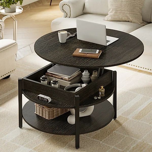 FABATO Couchtisch Höhenverstellbarer Runder Kaffeetisch mit verstecktem Abl günstig online kaufen