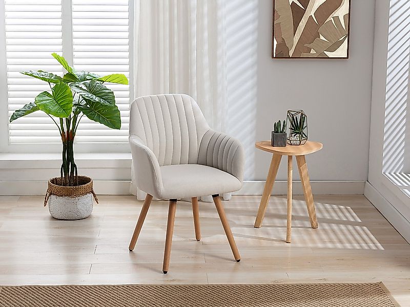 Stuhl mit Armlehnen - Stoff & Metall in Holzoptik - Cremefarben - ELEANA günstig online kaufen