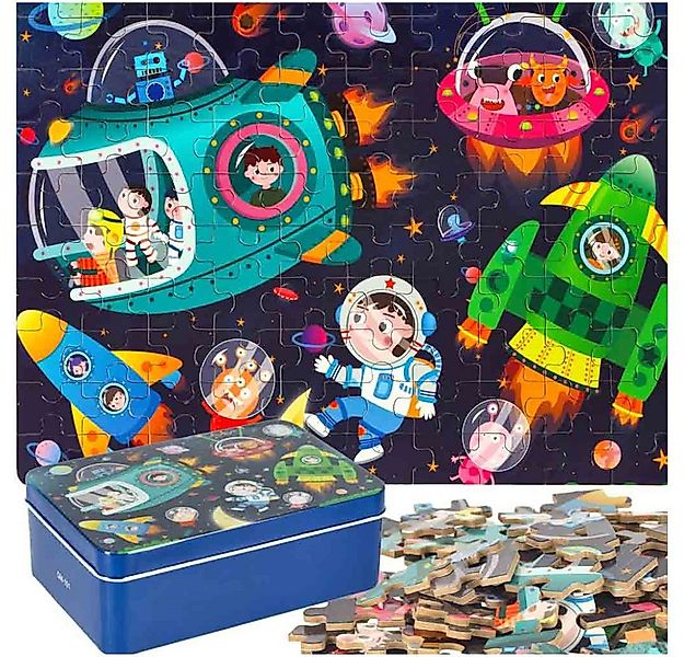 Ikonka Puzzle 2 in 1 Puzzle Dinosaurier Weltraum Puzzle 100 Teile in Metall günstig online kaufen