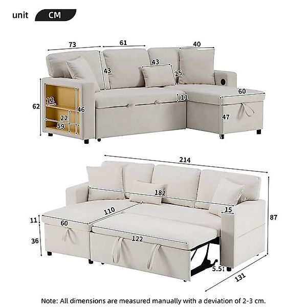 BlingBin Schlafsofa Sofa L-Form, Schlafsofa mit Bettkasten, 1er Set 1 Teile günstig online kaufen