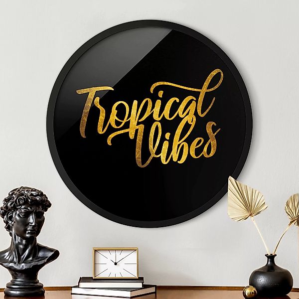 Rundes Bild mit Rahmen Gold - Tropical Vibes auf Schwarz günstig online kaufen