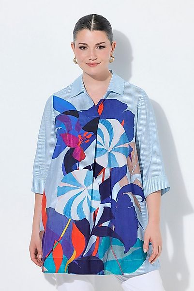 Ulla Popken Tunika Longbluse Streifen/Blüten A-Linie Hemdkragen günstig online kaufen