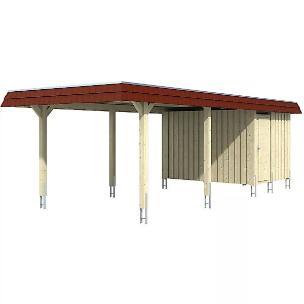 Skan Holz Carport Wendland Natur + Anbau 362 x 870 cm Alu-Dach Blende Rot günstig online kaufen