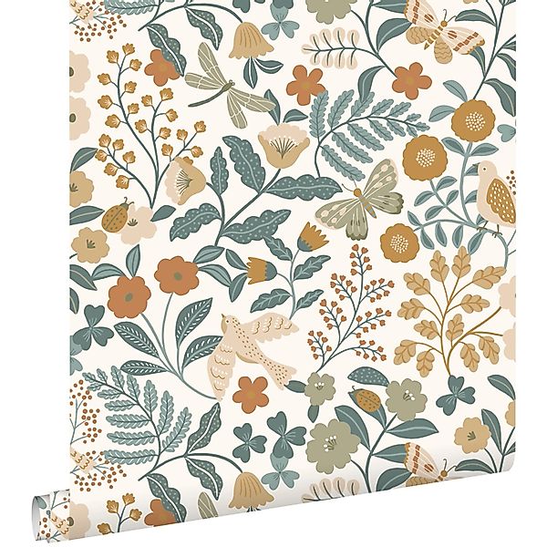 ESTAhome Tapete Blumen und Vögel Graublau Olivgrün und Ockergelb 53 cm x 10 günstig online kaufen