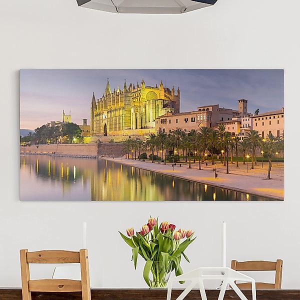 Leinwandbild - Quadrat Catedral de Mallorca Wasserspiegelung günstig online kaufen