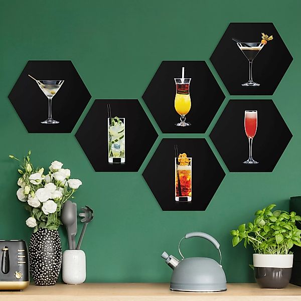 6-teiliges Hexagon-Alu-Dibond Bild Cocktail Set auf Schwarz Set II günstig online kaufen