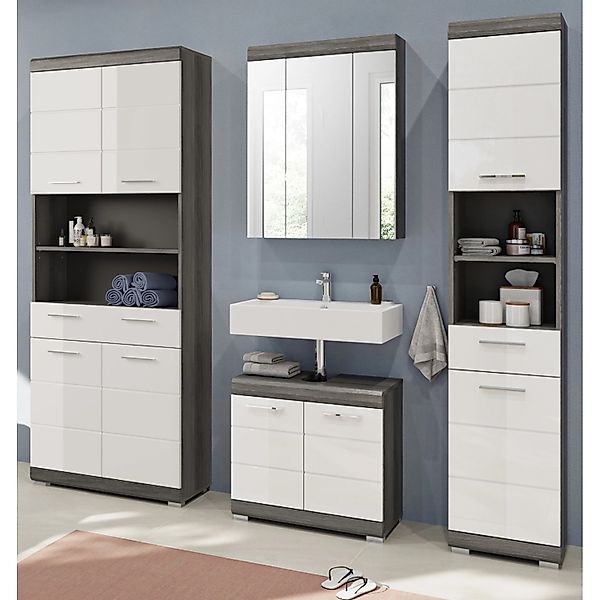Inn.Furn Badmöbel-Set Weiß Hochglanz Grau 4-teilig 186 cm 23 Fächer Shawn günstig online kaufen
