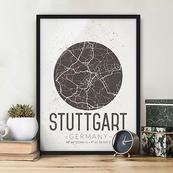 Bild mit Rahmen Stadtplan - Hochformat Stadtplan Stuttgart - Retro günstig online kaufen