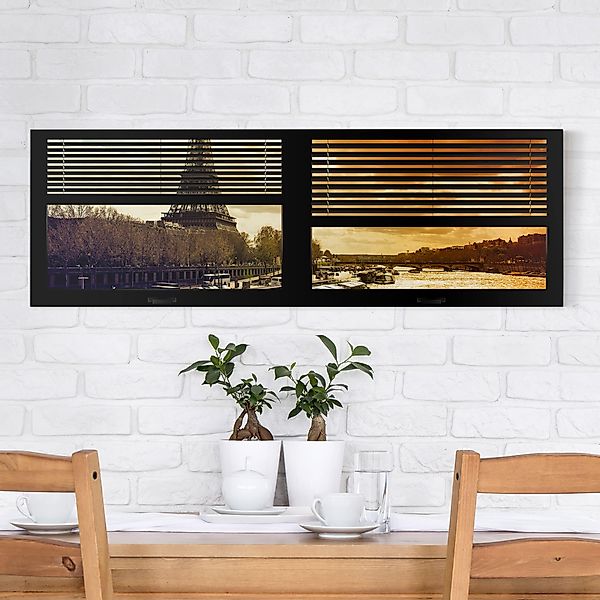 Leinwandbild - Hochformat Fensterausblick Jalousie - Paris Eiffelturm Sonne günstig online kaufen