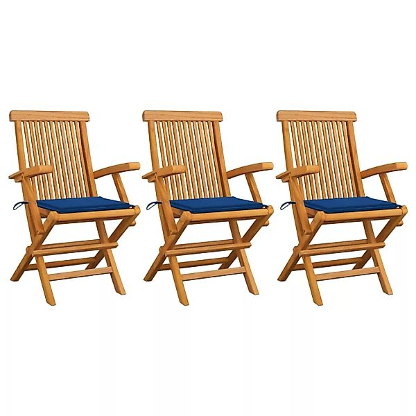 Gartenstühle Mit Blauen Kissen 3 Stk. Massivholz Teak günstig online kaufen