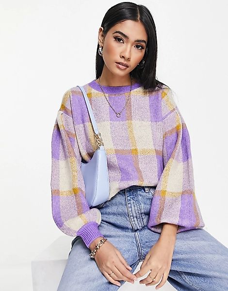 Vero Moda – Pullover in Lila kariert mit Puffärmeln-Mehrfarbig günstig online kaufen