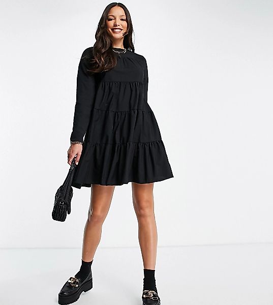 ASOS DESIGN Tall – Langärmliges, gestuftes Mini-Hängerkleid aus Baumwoll-Po günstig online kaufen
