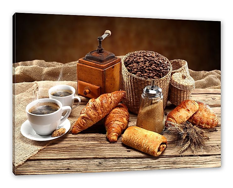 Pixxprint Leinwandbild Aromatischer Kaffee mit Croissant, günstig online kaufen