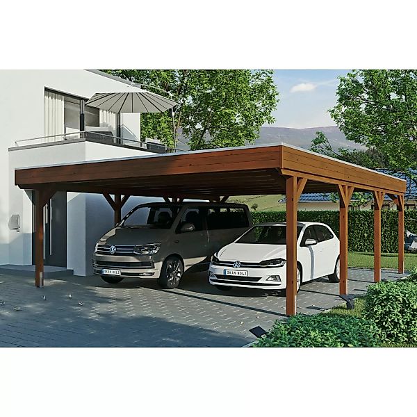 Skan Holz Carport Grunewald 622 cm x 796 cm mit Aluminiumdach Nussbaum günstig online kaufen